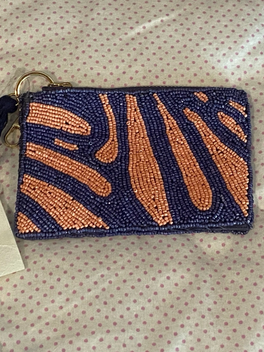 NWT ON 34TH Beaded Zebra Print Orange & Navy Coin Purse Keychain Wallet